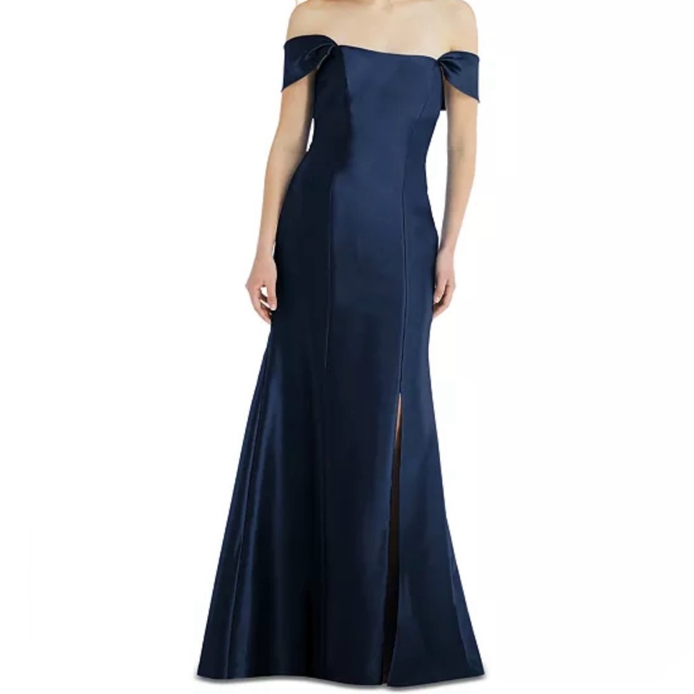 ALFRED SUNG Off-Shoulder Navy Satin Evening Gown
